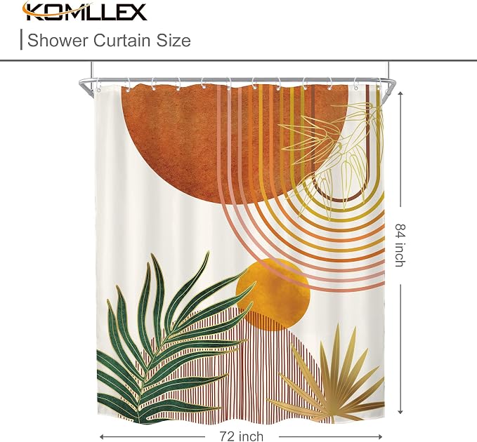 Mid Century Orange Boho Abstract Retro Gold Bathroom Shower Curtain Set | 72Wx84H Arch Geometric design, waterproof HD print with fast-drying fabric and 12 hooks.