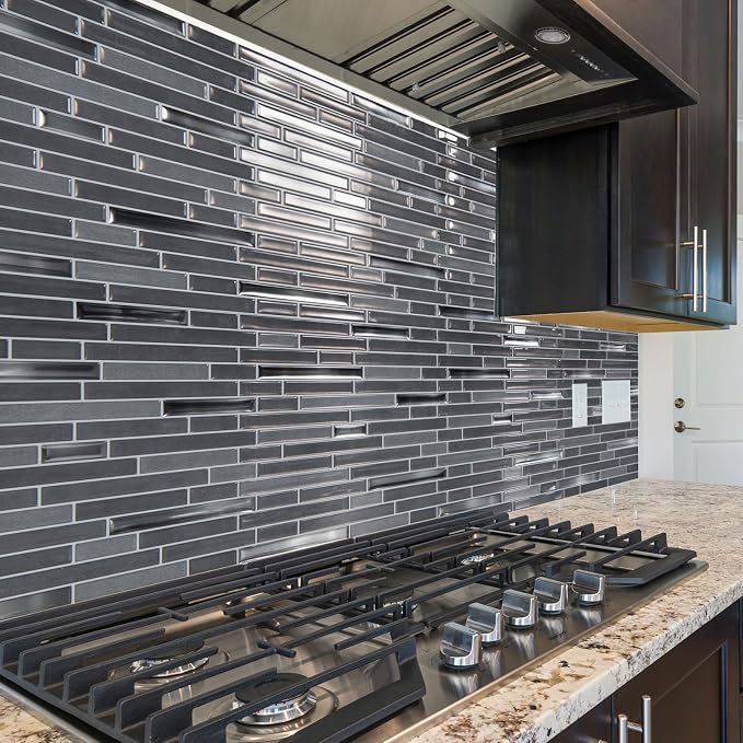 LONGKING 10-Sheet Extra Thick Peel and Stick Backsplash Tiles, Waterproof Kitchen Backsplash Peel and Stick Tile, Self-Adhesive Backsplash for Kitchen, Dark Gray | Peel and stick backsplash, self-adhesive wall tile, Gray, extra thick, waterproof, kitch...