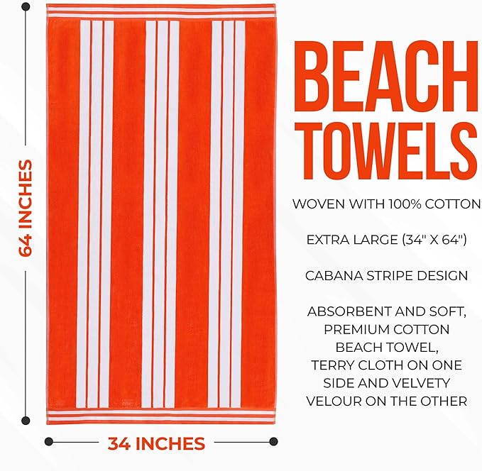 Superior Cotton Cabana Striped Beach Towels, Colorful Towels for Adult, Kid, Pool, Swimming, Sand, Travel, Large Oversized, Absorbent, Fast Drying, Bath Basics, Cabana Collection, 1 Piece, Coral