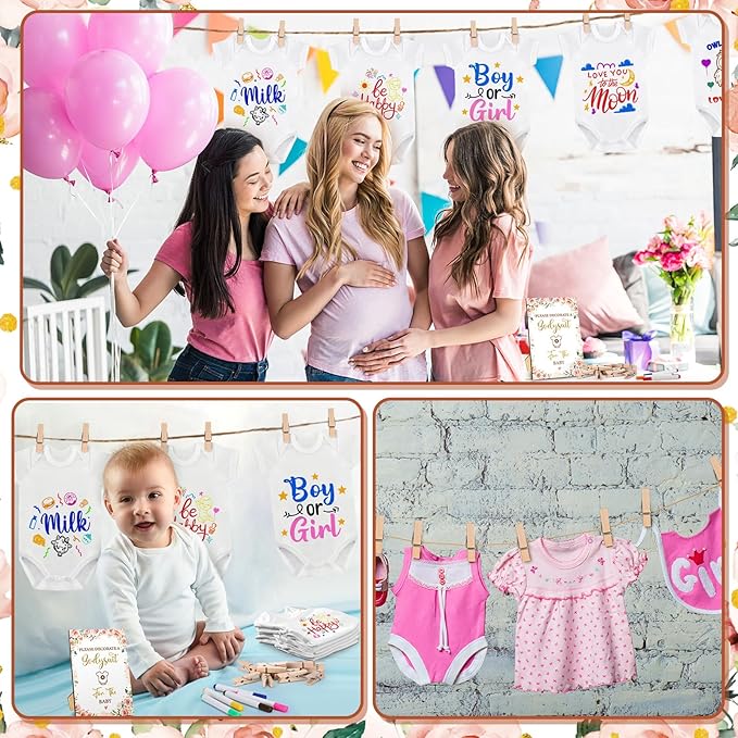 Panitay 126 Pcs Baby Shower DIY Bodysuit Set Bib 25 Blank White Newborn Bodysuit 25 Stencils 24 Marker 1 Sign 50 Pins(Floral)