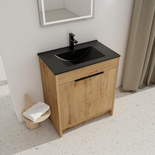SSLine 30-Inch Bathroom Vanity with Sink Mid-Century Bathroom Vanities with Black Top Basin Floor Wood Bathroom Sink Cabinet with Soft-Close Doors & Adjustable Storage Shelves (Natural Brown)
