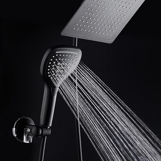 DreamSpa Ultra-Luxury 9-inch Square Rainfall & Handheld Shower Head Combo | Enjoy Extra-wide Flow Coverage and Convenient Push-button Hand Shower Mode Control. Premium Stainless Steel Hose / Black