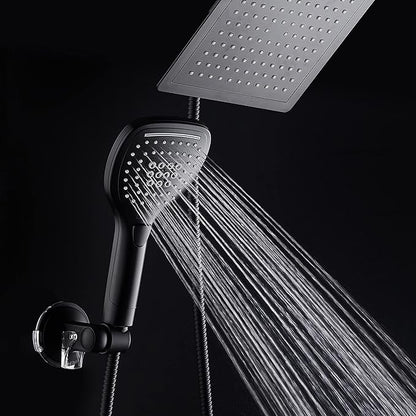 DreamSpa Ultra-Luxury 9-inch Square Rainfall & Handheld Shower Head Combo | Enjoy Extra-wide Flow Coverage and Convenient Push-button Hand Shower Mode Control. Premium Stainless Steel Hose / Black