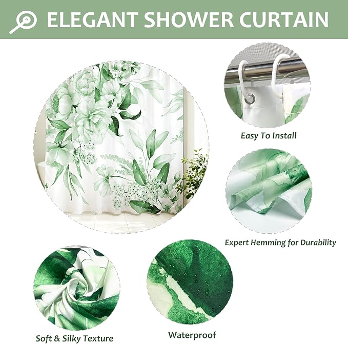 Floral Flower Green Shower Curtain with 12 Hooks,120GSM 72x72 | CHIC BATH DECOR: Features watercolor abstract design; waterproof green shower curtain set with 12 plastic hooks