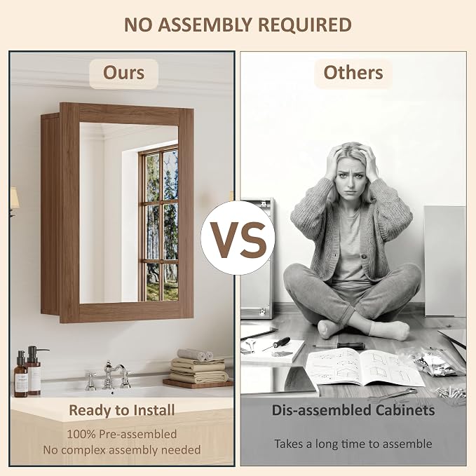 Buruis 20 x 28 Inch Bathroom Wood Medicine Cabinet Mirror, Walnut Finish | Fully Assembled Design, Adjustable Glass Shelves, Soft-Close Hinges, Bathroom Storage Organizer, Left/Right Opening