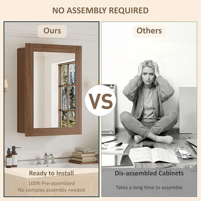 Buruis 20 x 28 Inch Bathroom Wood Medicine Cabinet Mirror, Walnut Finish | Fully Assembled Design, Adjustable Glass Shelves, Soft-Close Hinges, Bathroom Storage Organizer, Left/Right Opening
