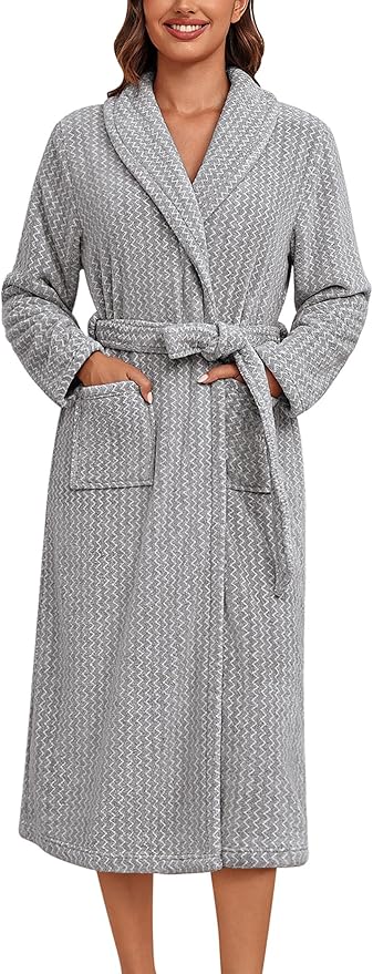 Ekouaer Women's Robe Long Plush Soft Bathrobe Cozy Warm Robes Shawl Collar Sleepwear with Pockets