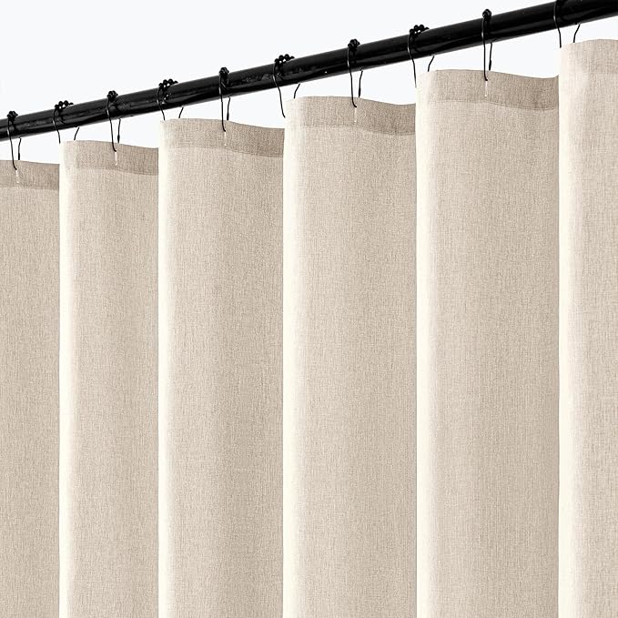 ANRODUO Cream Beige Linen Textured Fabric Shower Curtain Set - W72xL72 | Farmhouse Shower Curtain with 12 Metal Hooks, Waterproof Heavy Duty, Button Hole Design, Machine Washable for Bathroom