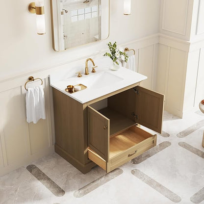 WELLFOR 36" Bathroom Vanity with Sink, Bathroom Freestanding Vanity W/ 2 Soft-Close Doors and 1 Soft-Close Drawers, Bathroom Cabinet Vanity with Cultured Marble Countertop (Oak)