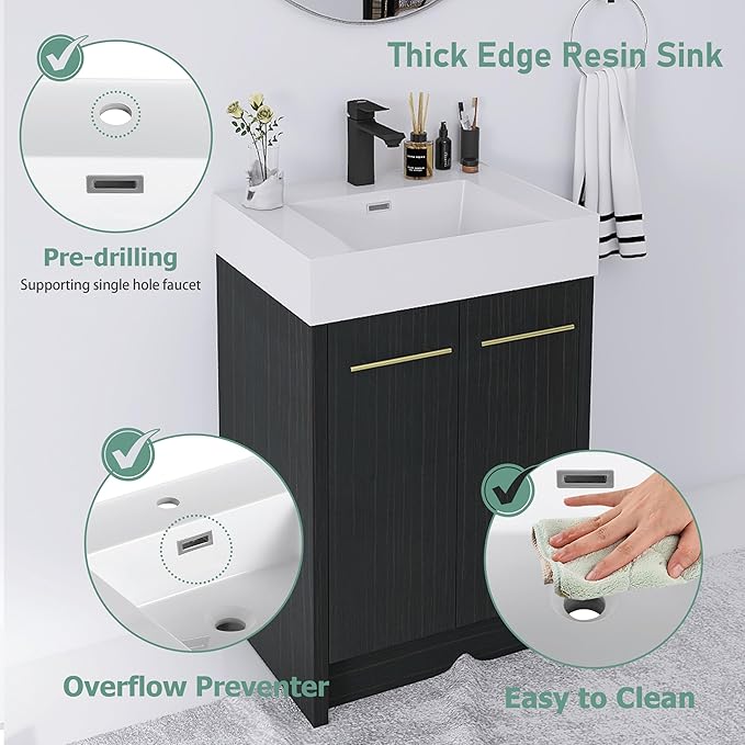 24" Freestanding Bathroom Vanity,24 Inch Bathroom Vanity with Sink,Modern Single Sink Bathroom Vanity Combo,Black Floor Stand Cabinet Set