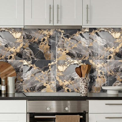 10 Sheets Marble Peel and Stick Backsplash Tile, 12"x12" Waterproof PVC Self Adhesive Tile Shower Wall Panels for Bathroom, Kitchen, Living Room (Metallic Black)