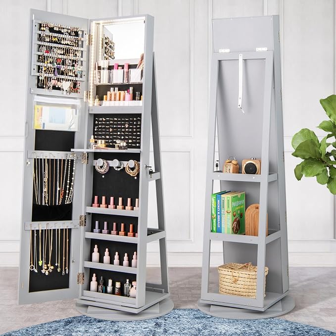 MAT EXPERT 360° Rotating Jewelry Armoire, Lockable Freestanding Jewelry Organizer w/Full-length Mirror, 3-Color LED Lights, Rear Storage Shelves, Mirror Jewelry Cabinet for Bedroom (Gray)