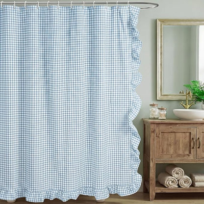 HunnmingRe Ruffled Gingham Shower Curtain Light Blue | 72'' x 72'' Vintage Farmhouse Curtain, Cotton Cottage Core Rural Checkered Plaid Decor, Fall Shower Curtain for Bathroom