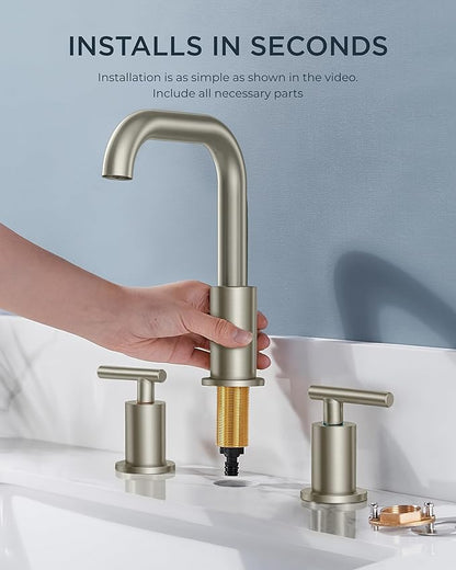 FORIOUS Brushed Nickel 8 Inch Widespread Bathroom Faucet for 3 Hole Sink, 2 Handles 360° Swivel Bathroom Sink Faucet with Pop Up Drain and Hoses, for Vanity Restroom RV Lavatory