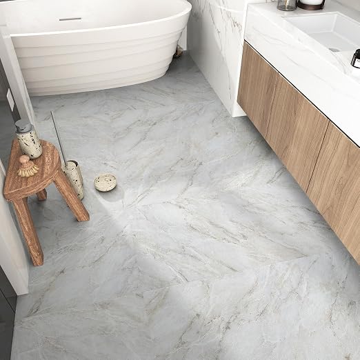 Beige Marble Floor Tiles Peel and Stick Waterproof Bathroom Floor Tile Stickers Thick Adhesive Vinyl Flooring Decorative Removable Kitchen Peel Stick Flooring Tile for Bedroom 5 PCS 12" x 12"