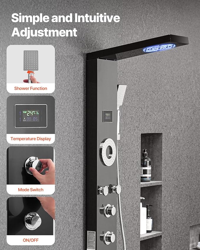 VEVOR Shower Panel Tower System with Rainfall Shower Head, LED, 53 in Brushed Stainless Steel Shower Column, 6-Function Faucet, Wall-Mount Rain Massage System with 5 Body Jets, Handheld, Tub Spout