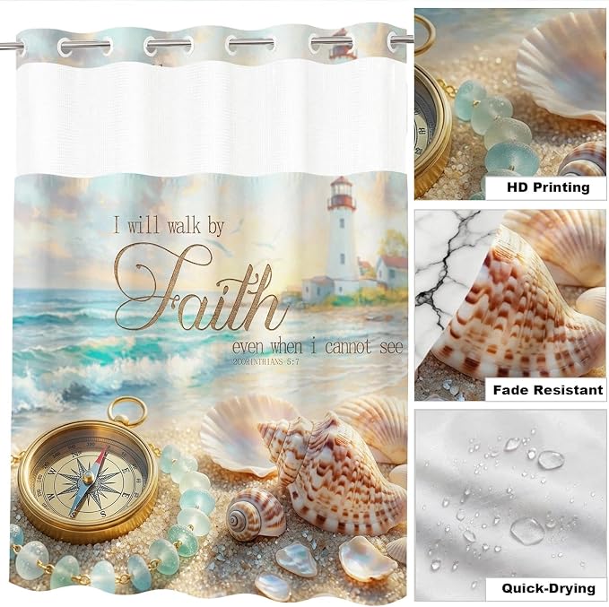 Luxury Ocean Beach No Hook Shower Curtain Nautical Tropical Aesthetic | Seashell No Hook Shower Curtain with Snap in Liner, Waterproof Ringless Shower Curtains for Bathroom 72x74 Inch Colorful