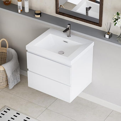 Pre-Assembled 30'' Wall Mounted Bathroom Vanity with Sink, Glossy White | Floating Bathroom Vanity with Solid Surface Top Basin, 2 Soft-Close Drawers, Resin Integrated Sink, Easy to Install & Clean