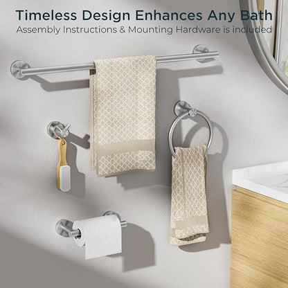 FORIOUS Bathroom Accessories, 4-Piece Bathroom Hardware Set - 18" Towel Bar | Brushed Nickel | Towel Hooks, Towel Racks for Bathroom, Toilet Paper Holder Wall Mounted, Towel Ring | SUS304 Stainless Steel