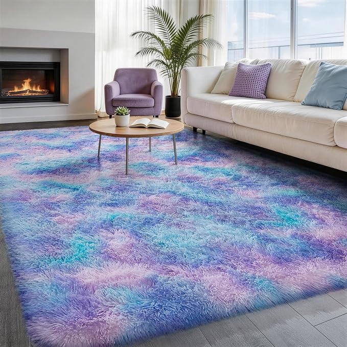 Ophanie Rainbow Purple Rug for Bedroom Girls,Unicorn Colorful Mermaid Fluffy Soft Cute Fuzzy Area Rugs,Shag Plush Shaggy 4x6 Furry Carpet for Kids Baby Teen Dorm Decor with Over 99 pcs Pile fibers