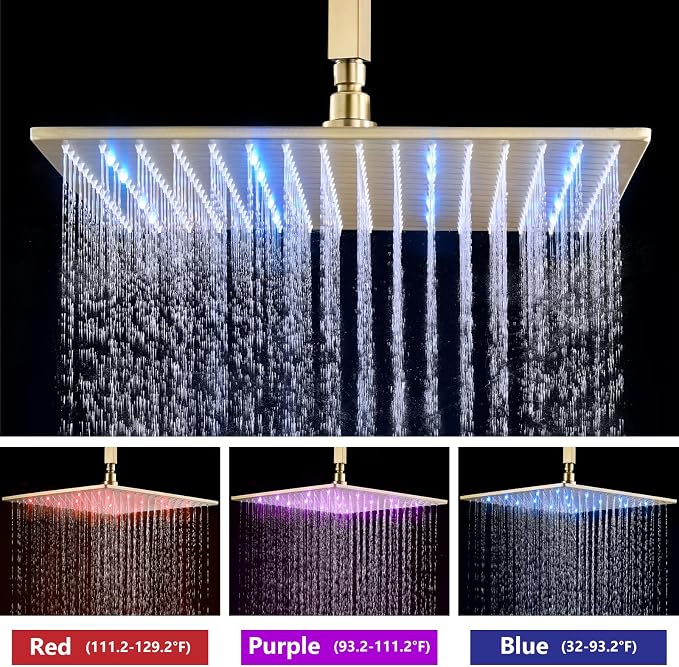 Aolemi Ceiling Shower Faucet Set with Handheld 16" LED Head Brushed Gold | Handheld Spray,16 Inch Rain LED Head,Shower Valve and Trim Kit,All Metal,Ceiling System,Bathroom Mixer