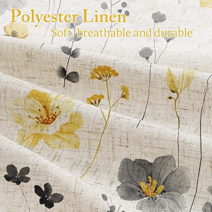 Yellow Linen Watercolor Floral Fabric Shower Curtain, 72x72 | Linen Fabric, Modern Minimalist Floral Print, Machine Washable, Rustproof Grommets, for Bathroom Home
