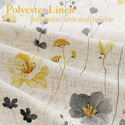 Yellow Linen Watercolor Floral Fabric Shower Curtain, 72x72 | Linen Fabric, Modern Minimalist Floral Print, Machine Washable, Rustproof Grommets, for Bathroom Home