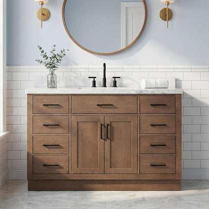 DKB Isabella 54-Inch Brown Oak Single Bathroom Vanity with Sink, 1.5-Inch Edge Italian Carrara Marble Countertop & 4" Backsplash, Soft-Closing Doors & Drawers, Solid Oak Wood Construction
