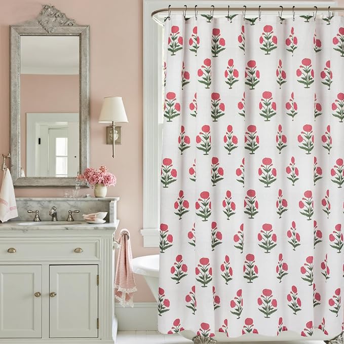 MUGINYU Pink Floral Shower Curtain-72x72 Inches,Cotton Blend Cloth Fabric,Girly Cute Coquette Style with Green Block Print for French Country Bathroom Decor