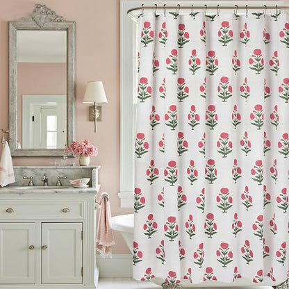 MUGINYU Pink Floral Shower Curtain-72x72 Inches,Cotton Blend Cloth Fabric,Girly Cute Coquette Style with Green Block Print for French Country Bathroom Decor