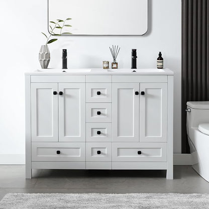 LUCKWIND 48" Bathroom Vanity and Sink Combos, Modern Bathroom Storage Painted Cabinet with Undercounter Resin Dual Sink Top, Matte Black Faucet and 6 Drawers, Mirror Not Included, White