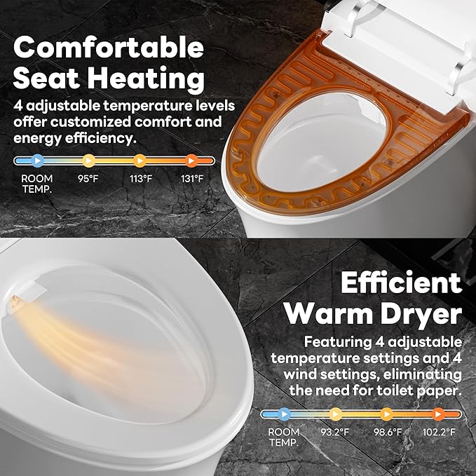 Smart Toilet with Bidet Built in, Luxury Bidet Toilet with Tank, Foam Dispenser for Self-Cleaning Shield, Heated Seat, Instant Warm Water & Dryer, Pump-Assist & Kick Flush, Digital Display