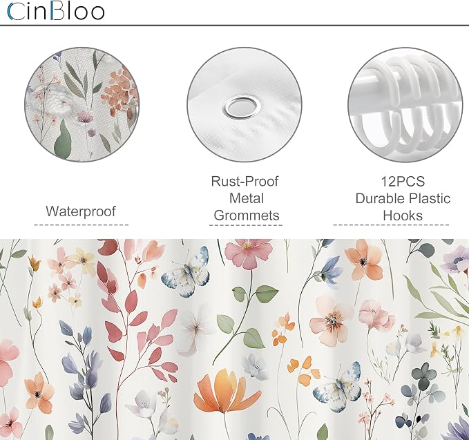 Boho Flower Colorful Wildflower Floral Women Bathroom Shower Curtain Set | 72"W x 72"H Girls Girly; waterproof HD print, quick-dry fabric and plastic hooks for easy setup.