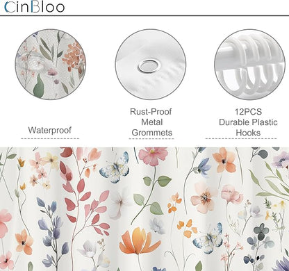 Boho Flower Colorful Wildflower Floral Women Bathroom Shower Curtain Set | 72"W x 72"H Girls Girly; waterproof HD print, quick-dry fabric and plastic hooks for easy setup.
