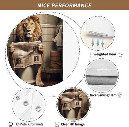Farmhouse Funny Lion Shower Curtain for Bathroom 72W*72H Inch Brown Humor Animal Reading on Toilet Bathtub Decor Boho Western Country Animal Waterproof Polyester Fabric Set with 12 Hooks