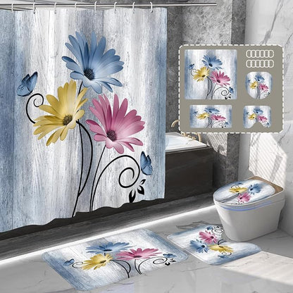 Onalasyc 4PCS Hot Pink Daisy Bathroom Sets with Shower Curtain and Rugs | Country Floral Butterfly Shower Curtain Set,Modern Bathroom Decor Shower Curtains Set with Rugs Toilet Lid Cover and 12 Hooks