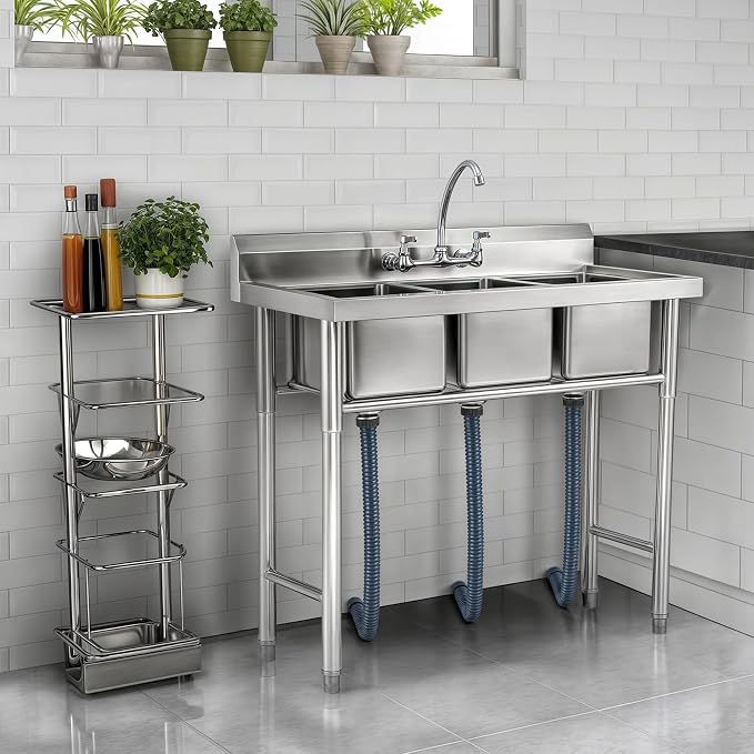 NSF Stainless Steel 3 Compartment Commercial Sink 11x10x10 Inch Basins, Kitche Station Utility Sink for Restaurant Bar Home Laundry Room Garage