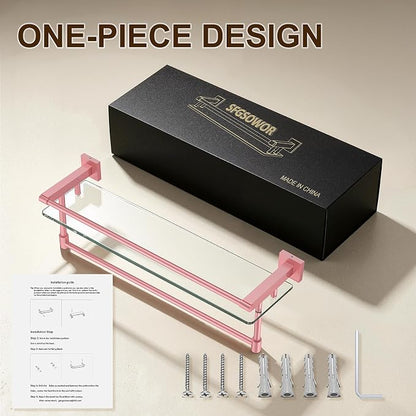 Bathroom Glass Shelf Towel Rack Shelf Glass Organizer Wall-Mounted Bathroom Storage SUS304 Stainless Steel Towel bar/Track Wall-Mounted Tempered Glass Stainless Steel Shelf (Pink, 24‘’ with Railing)