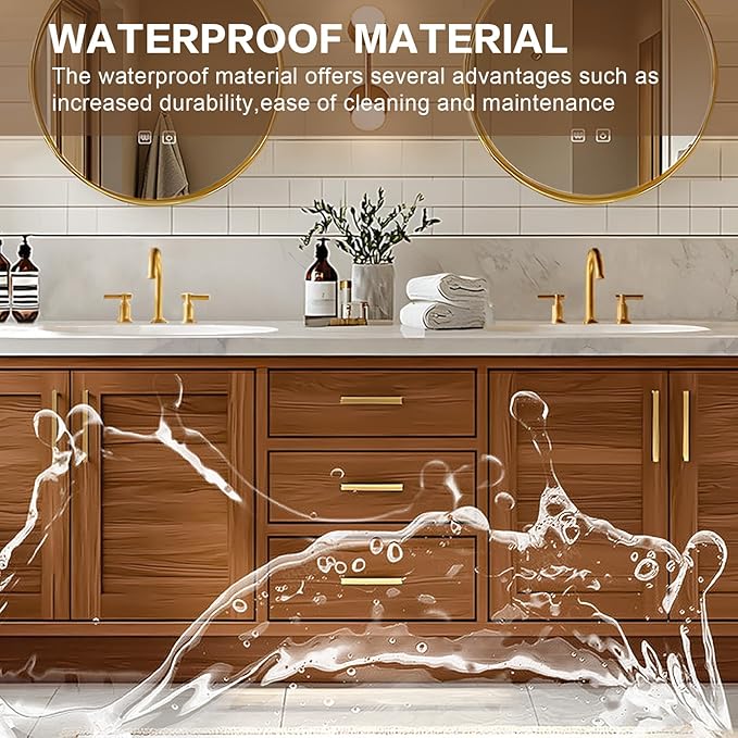 Bathroom Vanity - Retro Bathroom Vanity with Double Sinks Includes Round Mirror & Wood Grain Cabinets|Retro Log Style,Exquisite Handle,LED Smart Defogging Mirror(96IN)
