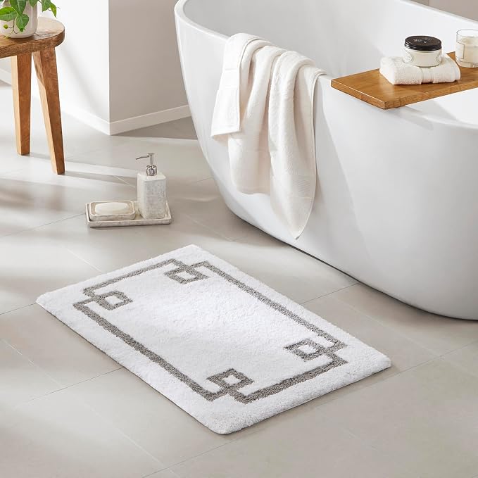 Madison Park Evan 100% Cotton Bath Rug Plush Absorbent, 20" x 30", White | Non-slip Backing, OEKO TEX, Luxurious Tufted Plush Bath Mat for Bathroom, Quick Dry, Spa Design Decorative for Shower Room