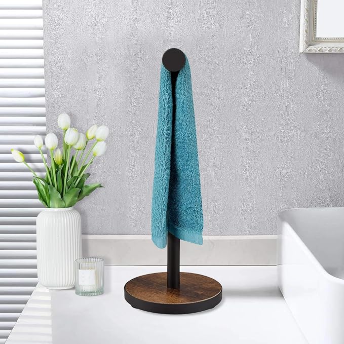 Hand Towel Holder Stand, Countertop Towel Stand for Bathroom | T-Shaped Kitchen Towel Rack with Weighted Wood Base, Western Bathroom Decor, Rustic Black and Brown