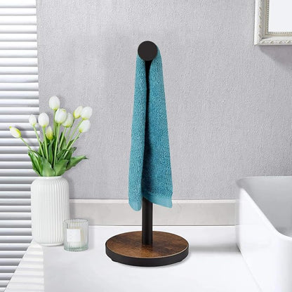 Hand Towel Holder Stand, Countertop Towel Stand for Bathroom | T-Shaped Kitchen Towel Rack with Weighted Wood Base, Western Bathroom Decor, Rustic Black and Brown