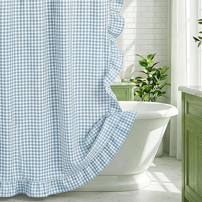 HunnmingRe Ruffled Gingham Shower Curtain Light Blue | 72'' x 72'' Vintage Farmhouse Curtain, Cotton Cottage Core Rural Checkered Plaid Decor, Fall Shower Curtain for Bathroom