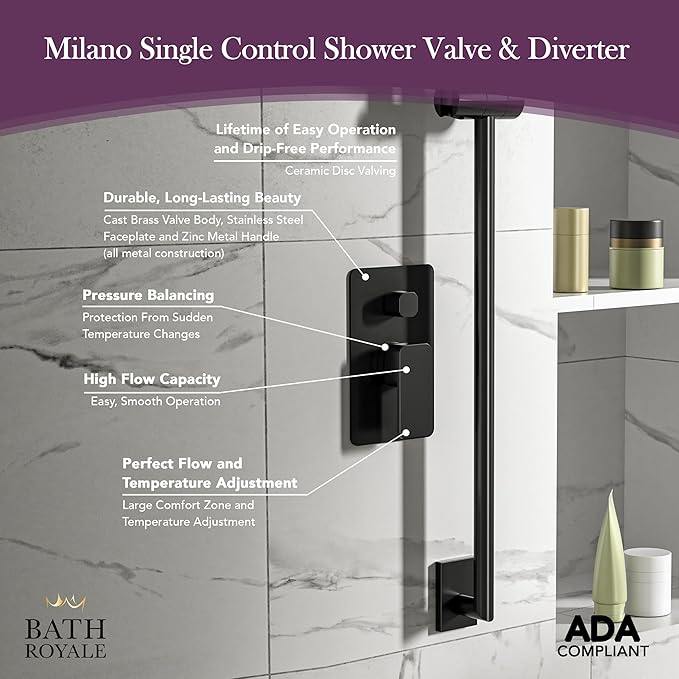 Bath Royale Pasha Pressure Balancing Shower Valve with Diverter - All Metal, Anti-Scald, Brushed Gold