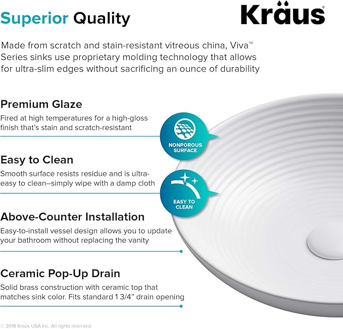 KRAUS Viva™ Round White Porcelain Ceramic Vessel Bathroom Sink with Pop-Up Drain, 16 1/2 in. D x 4 3/8 in. H, KCV-203GWH