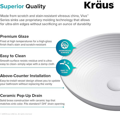 KRAUS Viva™ Round White Porcelain Ceramic Vessel Bathroom Sink with Pop-Up Drain, 16 1/2 in. D x 4 3/8 in. H, KCV-203GWH