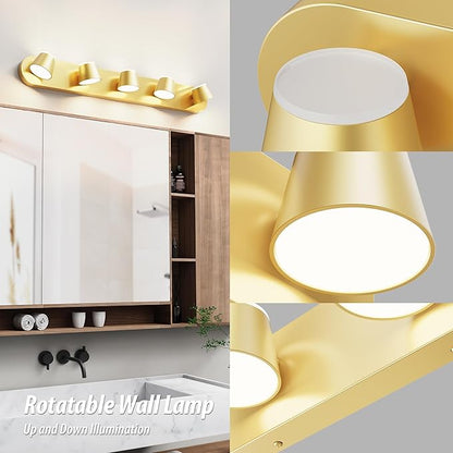 URSOLA Bathroom Lighting Fixtures Over Mirror, 5 Light Bathroom Vanity Light, LED Gold Wall Light Fixtures Up and Down Rotatable Dimmable 34 inch