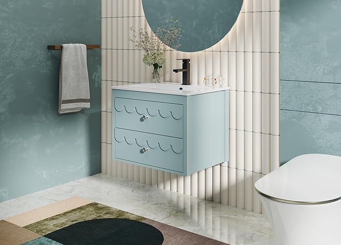 eclife 24" Floating Bathroom Vanity with Sink Combo, Modern Painted Wall-Mounted Vanities Storage Cabinet with Scalloped Decor, Undermount Basin, Faucet, Drain, Blue