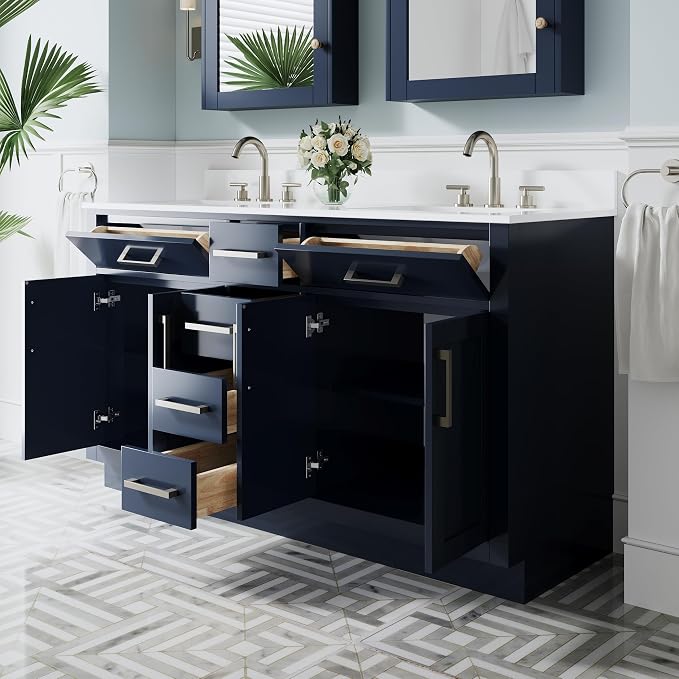 60-Inch Bathroom Vanity with Double Sinks W/ 4 Doors & 4 Drawers & 2 Flip Drawers, Navy Blue Vanity W/Brushed Nickel Handles