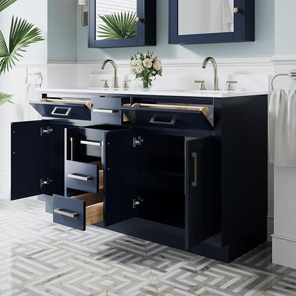 60-Inch Bathroom Vanity with Double Sinks W/ 4 Doors & 4 Drawers & 2 Flip Drawers, Navy Blue Vanity W/Brushed Nickel Handles